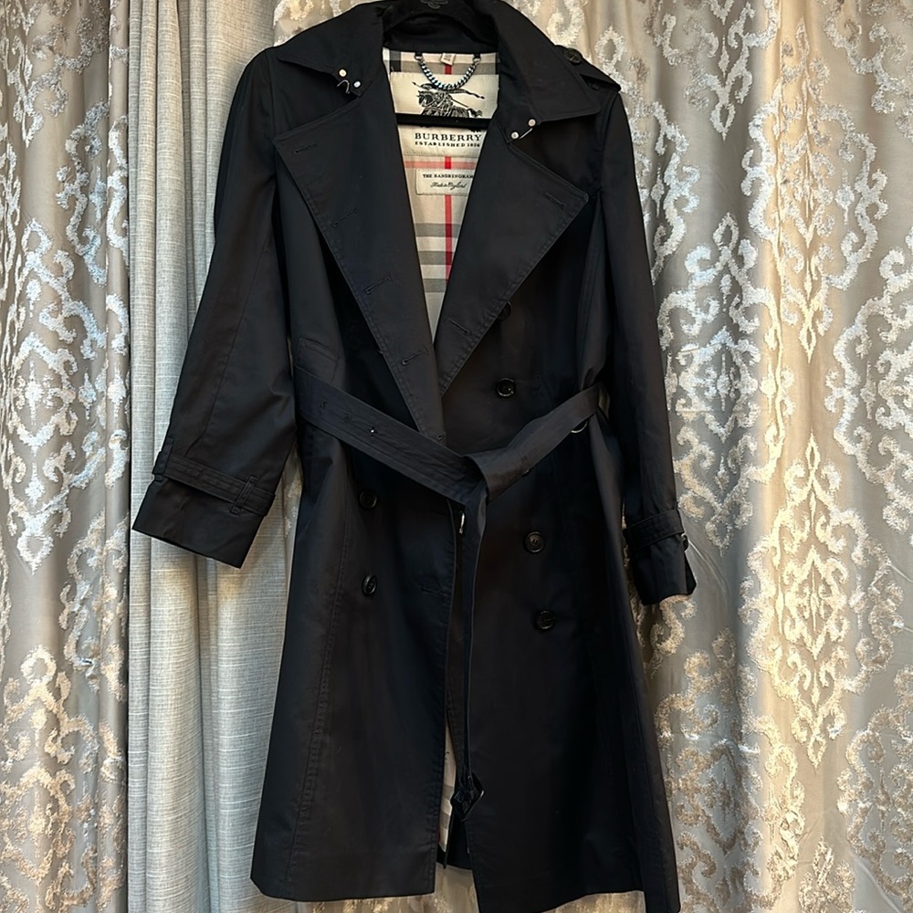 Burberry Black Double Breasted Hooded Trench Coat Size 10 - Picture 1 of 16